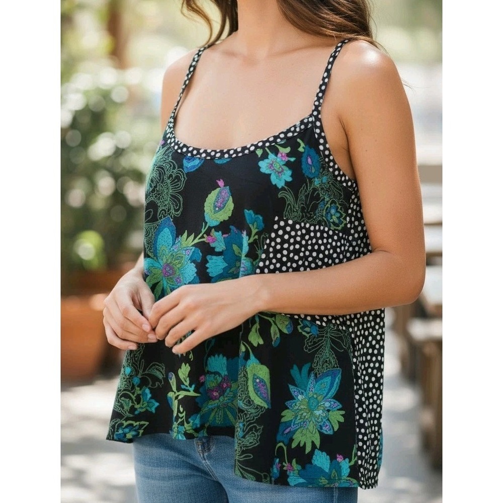 NWT Lucy Love Womens Floral Print Spaghetti Strap Tank Dots Boho SZ M Retail $39